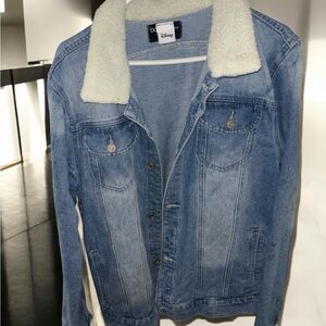 Boohoo Blue and White Jean Jacket with Sherpa Collar